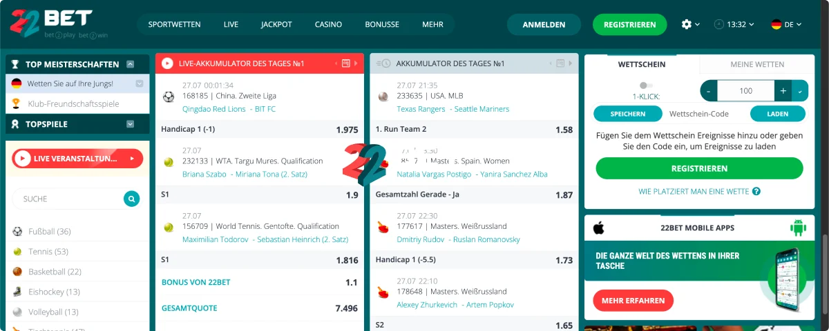 22Bet Quoten für Sportwetten