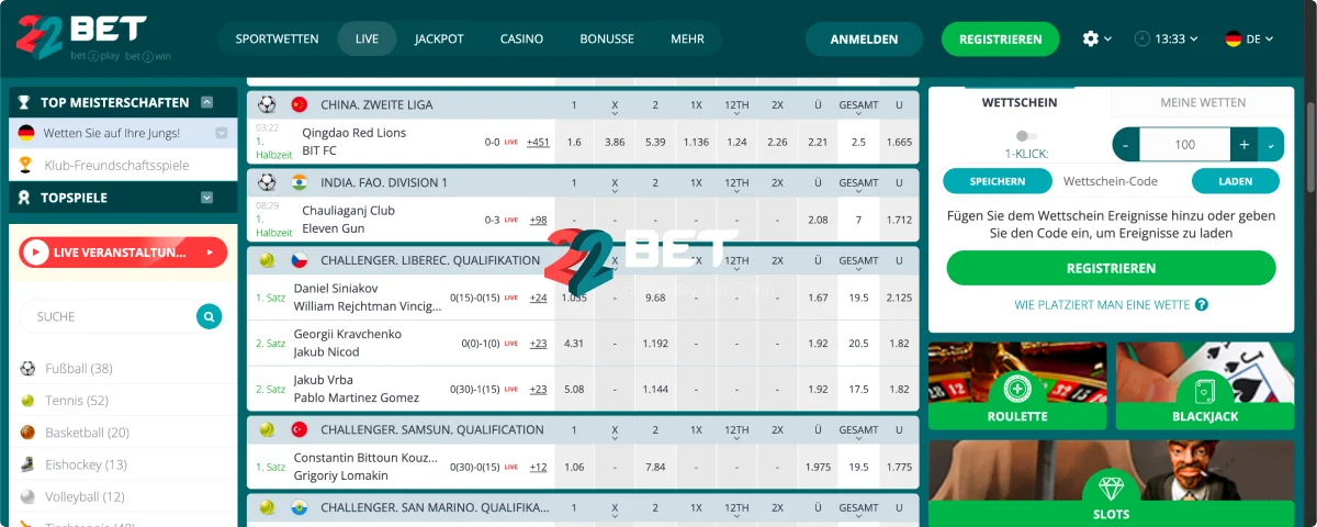 22Bet Online-Wetten auf Spiele